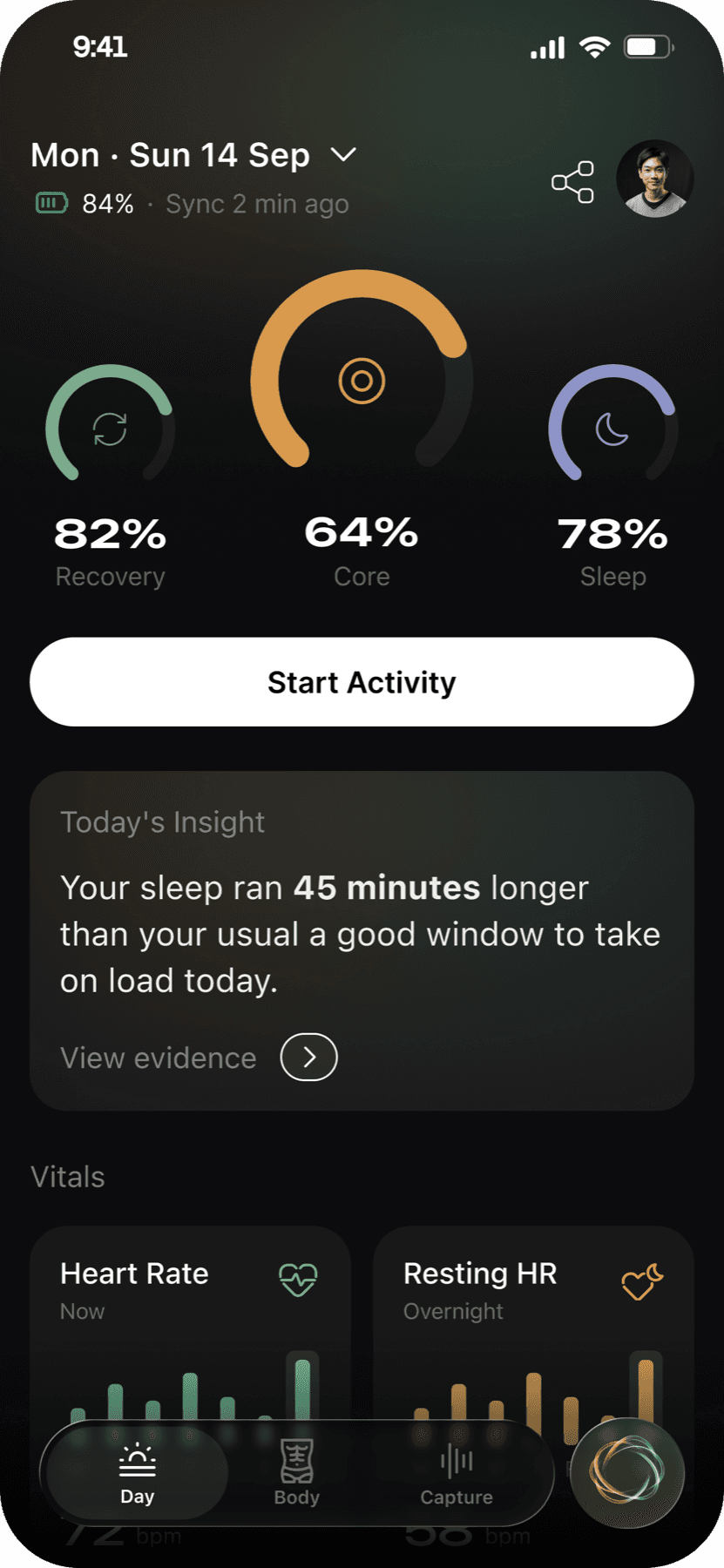 The TAVI app: today's recovery, core and sleep, with a Start Activity button and today's insight