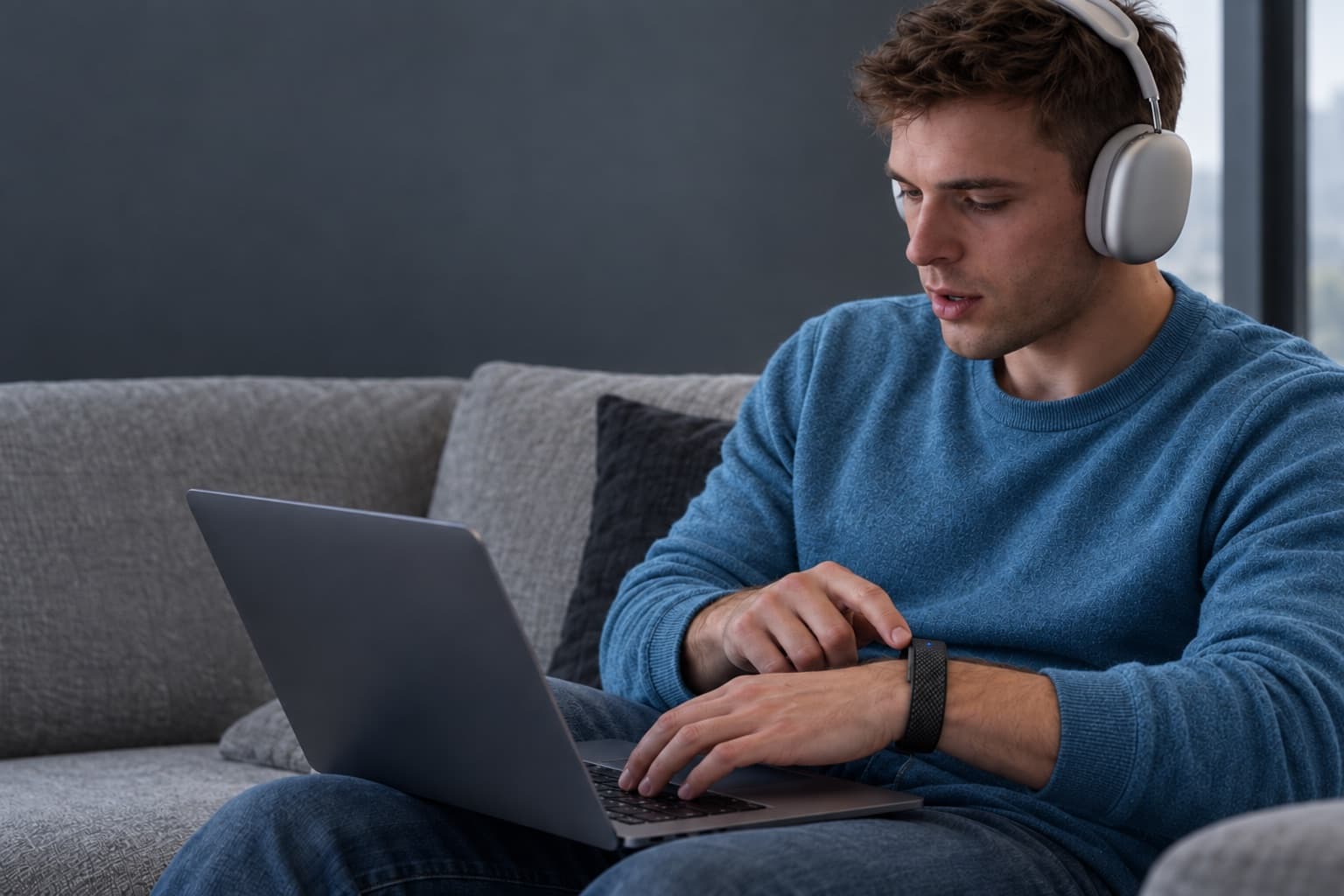 A man working on a laptop, wearing a TAVI band